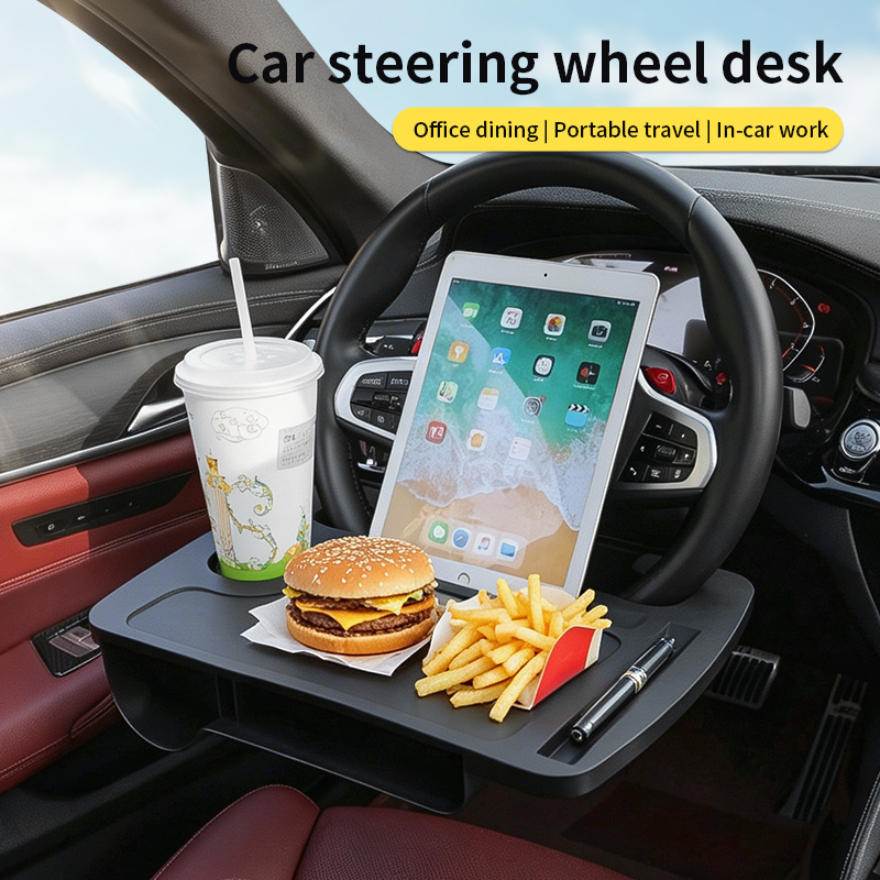 Laptop Accessories Holder - 2-IN-1 車用ステアリングホイールテーブルトレイ、多目的ラップトップワークデスク、フードコーヒーカップホルダー、自動車内装旅行用アクセサリー