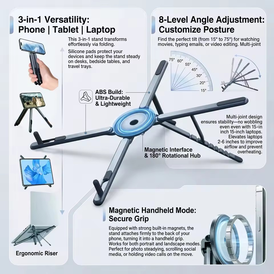 Laptop Accessories Holder - 携帯電話用マグネット式ホルダー＆自撮り棒 3-in-1 折りたたみ式三脚スタンド iPhone、iPad、タブレット、ノートパソコン、デスクトップ用
