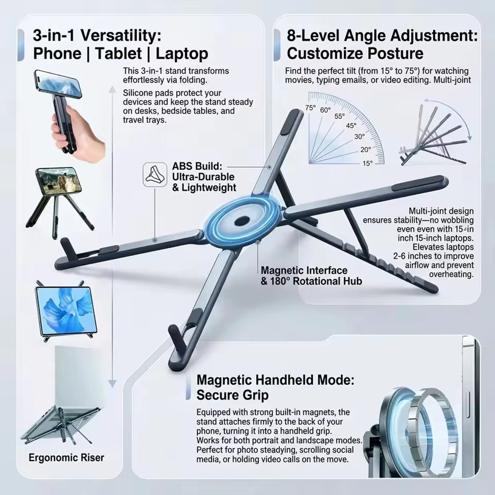 Laptop Accessories Holder - 携帯電話用マグネット式ホルダー＆自撮り棒 3-in-1 折りたたみ式三脚スタンド iPhone、iPad、タブレット、ノートパソコン、デスクトップ用