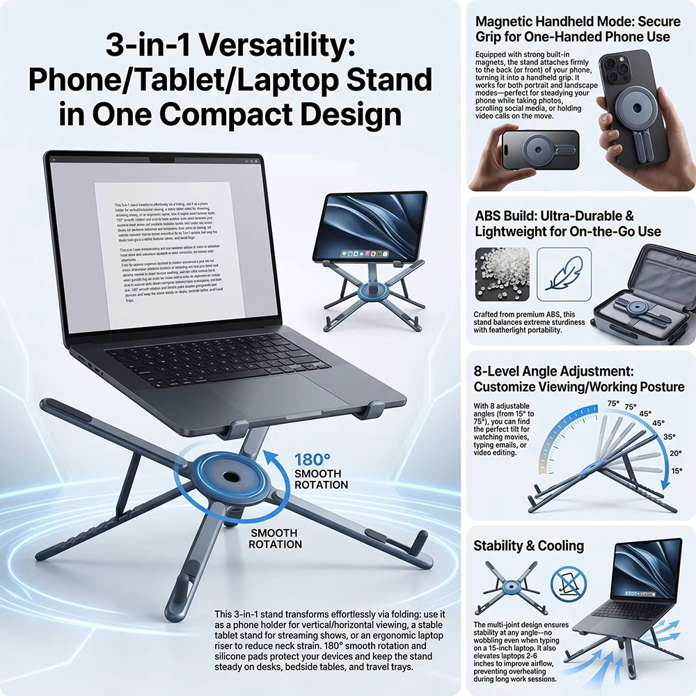 携帯電話用マグネット式ホルダー＆自撮り棒 3-in-1 折り - Laptop Accessories Holder のレビューと価格